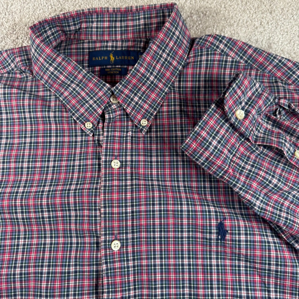 Ralph Lauren Mens XXL Plaid Button Down Shirt 100% Cotton Stretch Red Blue Check